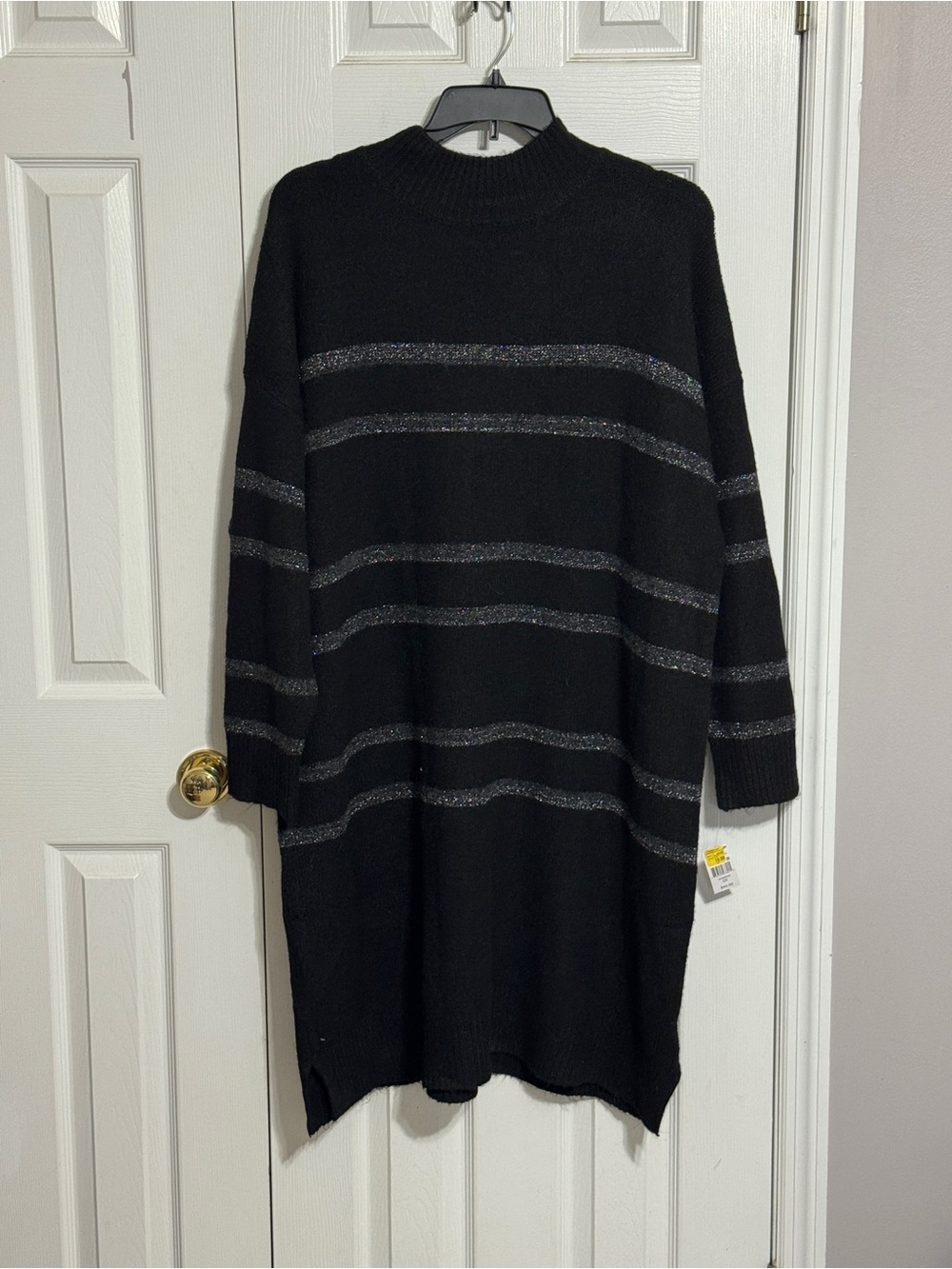 Grace + Karma Cozy Black Metallic Stripped Knit Mock Neck Sweater Dress